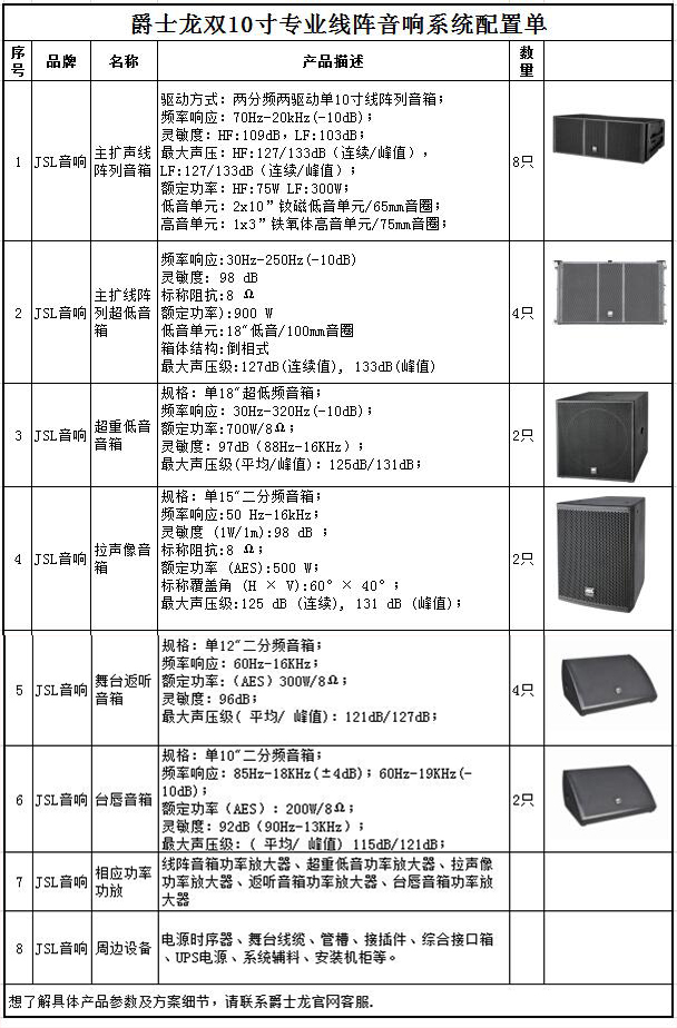 爵士龍雙10寸專業線陣音響系統配置單